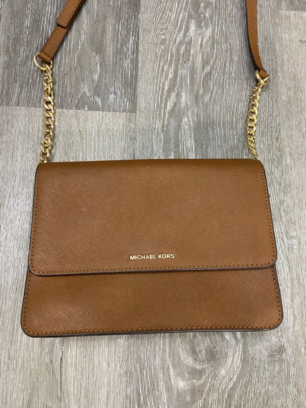 Michael Kors Tan Saffiano Leather Crossbody with Gold Chain